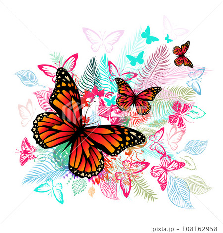 Abstraction with butterflies and palm leaves on a white background. hand drawing. Not AI, Illustrat3. Vector illustration 108162958