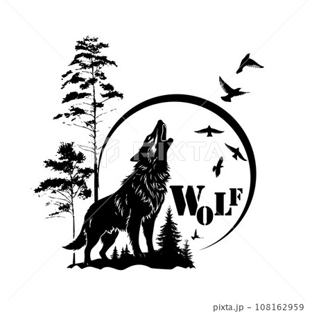 The wolf howls at the moon. Hand drawing. Not AI, Illustrat3. Printing on a T-shirt. Vector illustration The wolf howls at the moon. Hand drawing. Not AI, Illustrat3. Printing on a T-shirt. Vector illustration 108162959