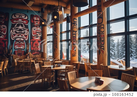 Restaurant interior on ski resort in Nordic style. Restaurant interior on ski resort in Nordic style. 108163452