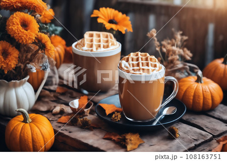 still life of a cup of hot latte and waffers and pumpkins on an old wooden table against the background of beautiful autumn nature at sunset, decoration for Halloween 108163751