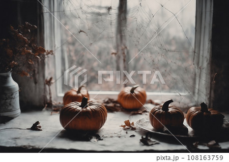 decoration for halloween holiday, still life, a cup of hot latte and pumpkins on a windowsill, beautiful autumn landscape outside the window, rural, festive background decoration for halloween holiday, still life, a cup of hot latte and pumpkins on a windowsill, beautiful autumn landscape outside the window, rural, festive background 108163759