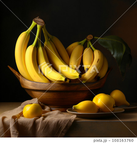 still life of wooden basket full of bananas on a dark background still life of wooden basket full of bananas on a dark background 108163760