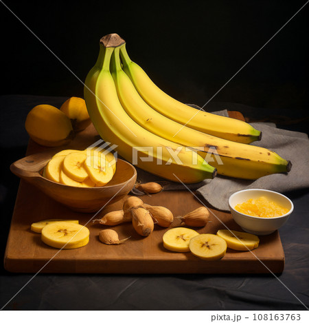 still life of bananas on a kitchen board, whole and sliced, on a dark background still life of bananas on a kitchen board, whole and sliced, on a dark background 108163763
