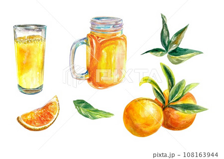 A glass of juice, whole and sliced oranges, leaves. Watercolor illustration isolated on white background. Menu, juice labels, packaging, covers, cards A glass of juice, whole and sliced oranges, leaves. Watercolor illustration isolated on white background. Menu, juice labels, packaging, covers, cards 108163944