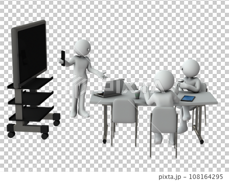 A businessman giving a presentation using a large display. 108164295