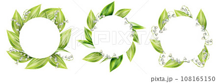 Watercolor set of frames and logos with bouquets of lilies of the valley flowers isolated on white background. Spring hand painted illustration. For designers, wedding, decoration, postcards, wrapping 108165150