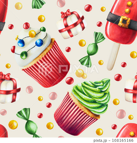 Watercolor seamless pattern with christmas candy canes, muffins and ice creams illustration. New year hand painting lollipops isolated on white background. New year hand painting red cupcake isolated Watercolor seamless pattern with christmas candy canes, muffins and ice creams illustration. New year hand painting lollipops isolated on white background. New year hand painting red cupcake isolated 108165166