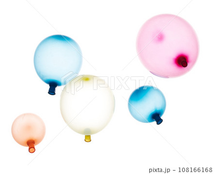 Inflated rubber colorful balloons fly in air. Many colorful inflated balloons in red, blue, yellow throw scatter. Toy for kid to play in birthday party and celebrate, white background isolated Inflated rubber colorful balloons fly in air. Many colorful inflated balloons in red, blue, yellow throw scatter. Toy for kid to play in birthday party and celebrate, white background isolated 108166168