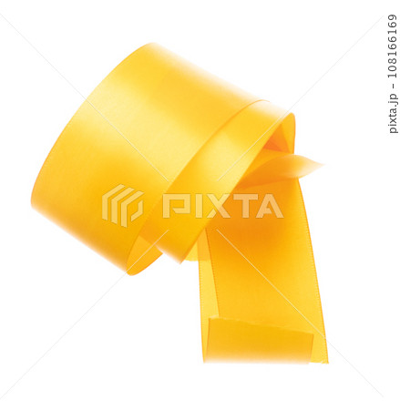 Yellow Gold ribbon long straight fly in air with curve roll shiny. Yellow Golden ribbon for present gift birthday party to wrap around decorate and make of long straight. White background isolated Yellow Gold ribbon long straight fly in air with curve roll shiny. Yellow Golden ribbon for present gift birthday party to wrap around decorate and make of long straight. White background isolated 108166169