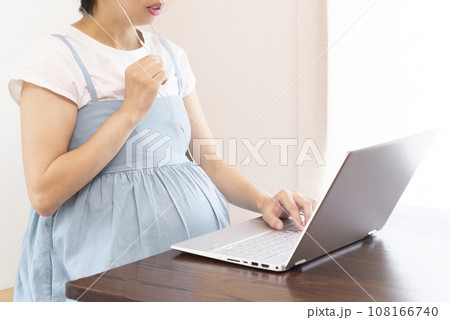 パソコン画面を見て通話をしている妊婦の女性 108166740