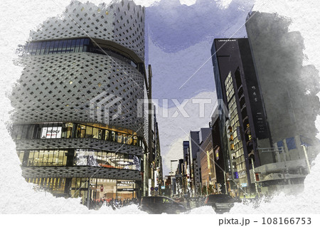 水彩画風　銀座　銀座四丁目交差点　東京都中央区 108166753