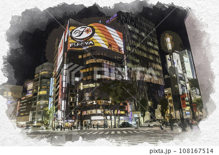 水彩画風 銀座 数寄屋橋交差点 東京都中央区 水彩画風 銀座 数寄屋橋交差点 東京都中央区 108167514
