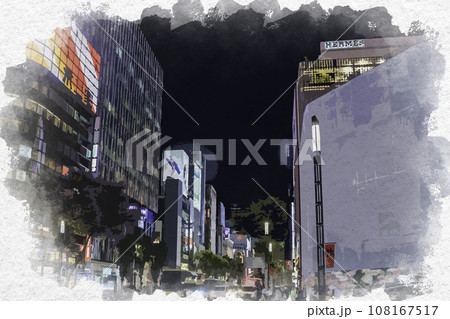 水彩画風　銀座　数寄屋橋交差点　東京都中央区 108167517