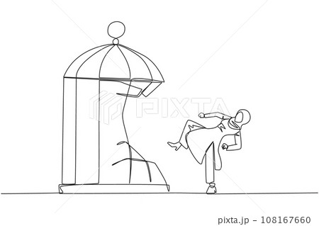 Continuous one line drawing Arabian businesswoman destroy cage with the kick. Metaphors remove the comfort zone trap. A genius entrepreneur for the company. Single line draw design vector illustration Continuous one line drawing Arabian businesswoman destroy cage with the kick. Metaphors remove the comfort zone trap. A genius entrepreneur for the company. Single line draw design vector illustration 108167660