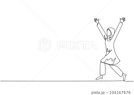 Continuous one line drawing Arabian businesswoman running to celebrate success of business. Like football player who scores goal, she celebrates. Success. Single line draw design vector illustration 108167676