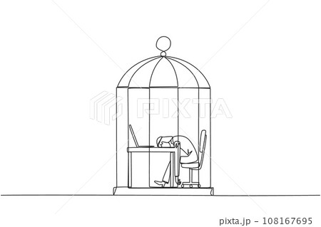 Single one line drawing Arabian businessman trapped in cage asleep on laptop. Tired of repetitive routines. The many deadlines require overtime every day. Continuous line design graphic illustration 108167695