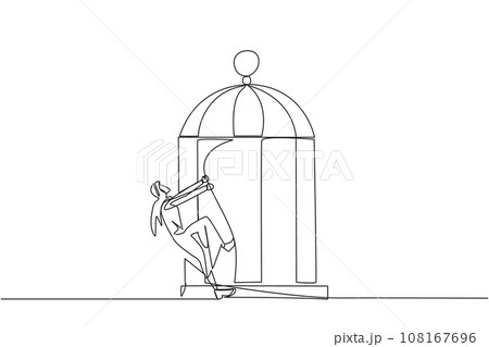 Single continuous line drawing Arabian businessman pull iron bars until dent. Describes anger. Businessman expressing disappointment. Unhappy feeling. Exasperated. One line design vector illustration 108167696