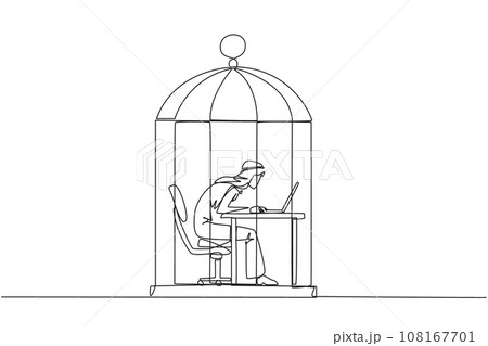 Single one line drawing Arabian businessman trapped in cage working on laptop. Plan to take annual leave to get away from routine. Workaholic. Overtime. Continuous line design graphic illustration Single one line drawing Arabian businessman trapped in cage working on laptop. Plan to take annual leave to get away from routine. Workaholic. Overtime. Continuous line design graphic illustration 108167701