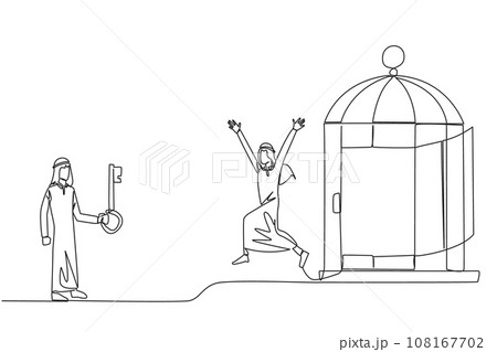 Single continuous line drawing Arab businessman who was free by colleague from the trap of a cage. Teamwork metaphor. Growing business together. Great relationship. One line design vector illustration Single continuous line drawing Arab businessman who was free by colleague from the trap of a cage. Teamwork metaphor. Growing business together. Great relationship. One line design vector illustration 108167702