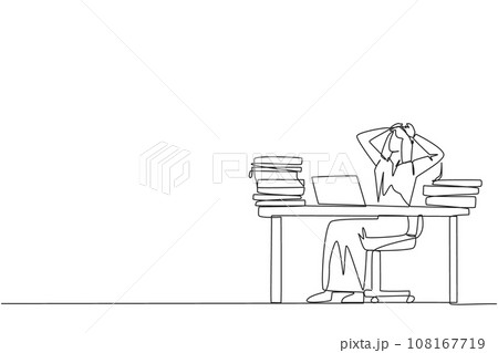 Single continuous line drawing Arab businessman sitting on office chair. Stressful to see stock price on a laptop screen that don't increase. Stressful businessman. One line design vector illustration Single continuous line drawing Arab businessman sitting on office chair. Stressful to see stock price on a laptop screen that don't increase. Stressful businessman. One line design vector illustration 108167719