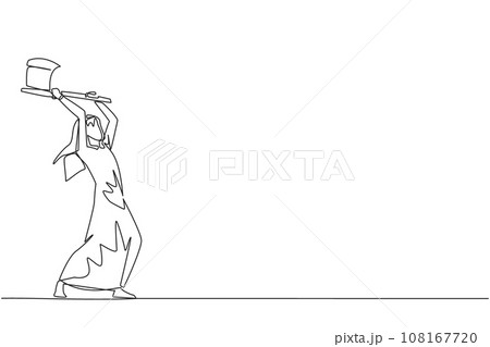 Continuous one line drawing Arabian businessman swinging an axe. Style like a lumberjack. Strong. Muscular. Powerful. Sports for physical health. Awareness. Single line draw design vector illustration Continuous one line drawing Arabian businessman swinging an axe. Style like a lumberjack. Strong. Muscular. Powerful. Sports for physical health. Awareness. Single line draw design vector illustration 108167720