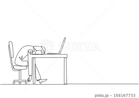 Single continuous line drawing Arabian businessman fell asleep in front of a laptop computer. Fatigue running a business. Mental health problem. Exhausted. Bored. One line design vector illustration Single continuous line drawing Arabian businessman fell asleep in front of a laptop computer. Fatigue running a business. Mental health problem. Exhausted. Bored. One line design vector illustration 108167733