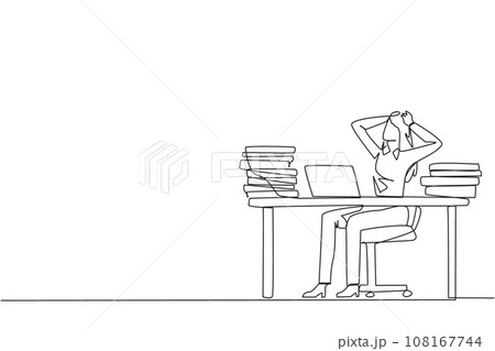 Single continuous line drawing businesswoman sitting on office chair. Curious to see stock price on a laptop screen that don't increase. Stressful businesswoman. One line design vector illustration Single continuous line drawing businesswoman sitting on office chair. Curious to see stock price on a laptop screen that don't increase. Stressful businesswoman. One line design vector illustration 108167744