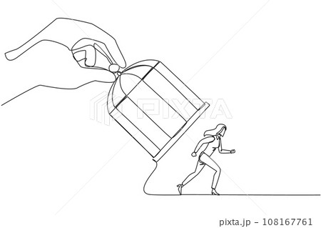 Single one line drawing big hand holding the iron cage, catch businesswoman. Want to trap in any way. Enter the trap. Unfair business competition. Lost. Continuous line design graphic illustration 108167761