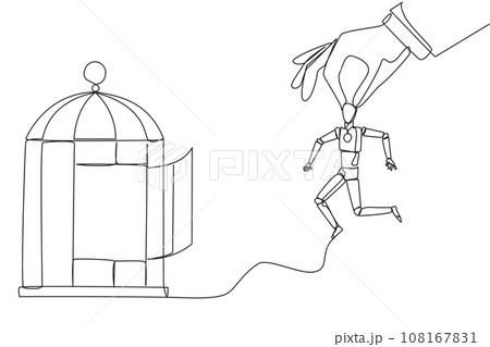 Continuous one line drawing big hands holding robot and want put in a cage. Trapping roughly. Beating a business opponent by cheating. Unfair business. Single line draw design vector illustration Continuous one line drawing big hands holding robot and want put in a cage. Trapping roughly. Beating a business opponent by cheating. Unfair business. Single line draw design vector illustration 108167831
