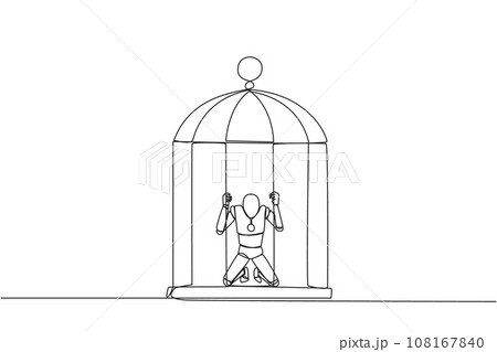 Single continuous line drawing robot trapped in the cage kneeling holding iron bars. Framed by business partner. Have to bear all the consequences. Unfair. AI tech. One line design vector illustration 108167840