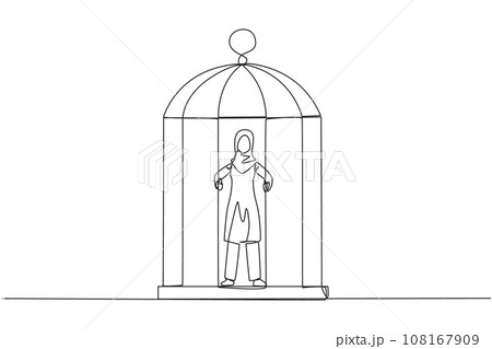 Single continuous line drawing Arabian businesswoman trapped in cage standing hold the iron bars. Imprisoned body and mind. Limited opportunity. Feeling exhausted. One line design vector illustration 108167909