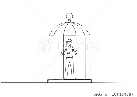 Single continuous line drawing unhappy businesswoman trapped in cage standing hold the iron bars. Imprisoned body and mind. Limited opportunity. Feeling exhausted. One line design vector illustration Single continuous line drawing unhappy businesswoman trapped in cage standing hold the iron bars. Imprisoned body and mind. Limited opportunity. Feeling exhausted. One line design vector illustration 108168087