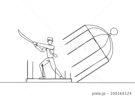 Single continuous line drawing businessman trapped in cage holds samurai. Expression of anger over the limitations that shackle. Seek freedom at any cost. Madness. One line design vector illustration Single continuous line drawing businessman trapped in cage holds samurai. Expression of anger over the limitations that shackle. Seek freedom at any cost. Madness. One line design vector illustration 108168124