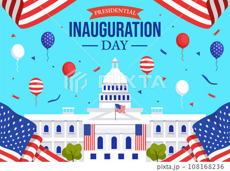 USA Presidential Inauguration Day Vector Illustration January 20 with Capitol Building Washington D.C. and American Flag in Background Design USA Presidential Inauguration Day Vector Illustration January 20 with Capitol Building Washington D.C. and American Flag in Background Design 108168236