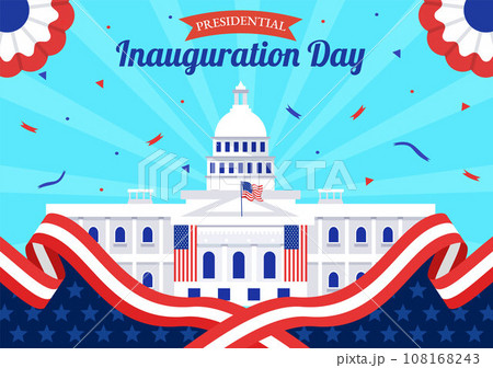 USA Presidential Inauguration Day Vector Illustration January 20 with Capitol Building Washington D.C. and American Flag in Background Design USA Presidential Inauguration Day Vector Illustration January 20 with Capitol Building Washington D.C. and American Flag in Background Design 108168243