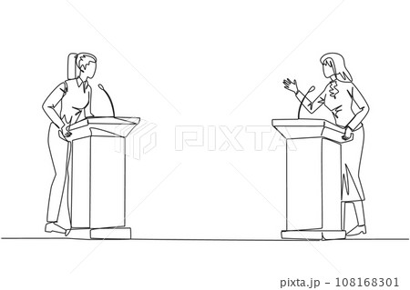 Single continuous line drawing two businesswomen arguing on the podium. Throwing opinions on the best way to deal with global warming. Open dialogue. Debating. One line design vector illustration Single continuous line drawing two businesswomen arguing on the podium. Throwing opinions on the best way to deal with global warming. Open dialogue. Debating. One line design vector illustration 108168301