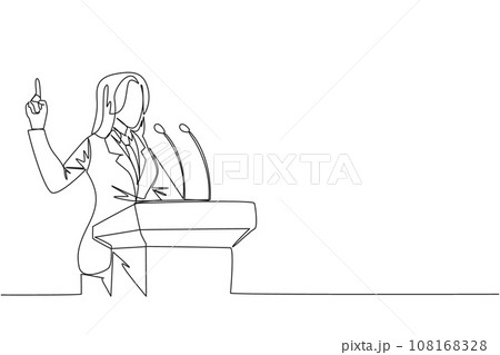 Single one line drawing young energetic businesswoman speaking at the podium while lifting index finger up. She made a favorable statement for the company. Continuous line design graphic illustration 108168328