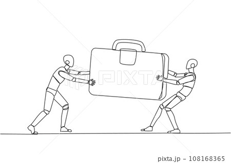 Continuous one line drawing two aggressive robot fighting over the briefcase. Fight over the client data contained in the bag. Robotic attack. Target. AI. Single line draw design vector illustration Continuous one line drawing two aggressive robot fighting over the briefcase. Fight over the client data contained in the bag. Robotic attack. Target. AI. Single line draw design vector illustration 108168365