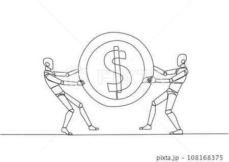 Single one line drawing two angry robot fighting over the dollar sign coin. The last coin used to buy fresh drinks at the vending machine. Attack. Humanoid. Continuous line design graphic illustration 108168375