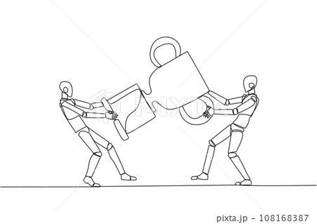 Single one line drawing two angry robot fighting over trophy. There are no co-champions. The two robots are required to contest ideas again. Future tech AI. Continuous line design graphic illustration 108168387