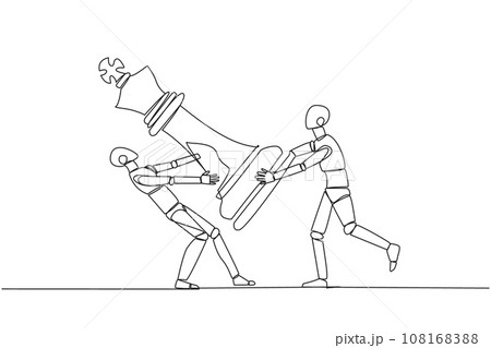 Continuous one line drawing two angry robot fight over the big king chess pieces. The metaphor of scrambling to save a business by helping investors. AI. Single line draw design vector illustration Continuous one line drawing two angry robot fight over the big king chess pieces. The metaphor of scrambling to save a business by helping investors. AI. Single line draw design vector illustration 108168388