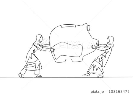 Continuous one line drawing two selfish Arabian businesswoman fighting over piggy bank. Arguing and each other feel entitled. Businesswoman versus businesswoman. Single line draw vector illustration 108168475