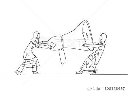 Single continuous line drawing two emotional Arabian businesswoman fighting over megaphone. Scramble to announce vacancies and look for reliable employees. Rival. One line design vector illustration Single continuous line drawing two emotional Arabian businesswoman fighting over megaphone. Scramble to announce vacancies and look for reliable employees. Rival. One line design vector illustration 108168487