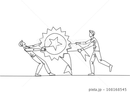 Single continuous line drawing two angry businessman fighting over medal award. Both feel worthy of the award. Businessman versus businessman. Businessman conflict. One line design vector illustration Single continuous line drawing two angry businessman fighting over medal award. Both feel worthy of the award. Businessman versus businessman. Businessman conflict. One line design vector illustration 108168545