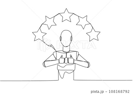 Single one line drawing robot giving two thumbs up, above head there are 5 stars forming semicircle. Exciting online shopping experience. Review 5 star. AI tech. Continuous line graphic illustration 108168792
