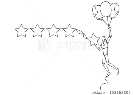 Continuous one line drawing robot artificial intelligence flying with  balloon carry 1 star and wants to align it with the other 4 stars. Trying to give perfect rating. Single line draw design vector 108168803