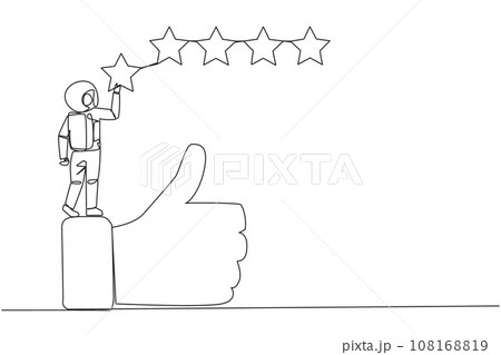 Single one line drawing astronaut standing on the thumbs up wants to attach the stars to form 5 star in a row. Give review or good feedback. Cosmonaut deep space. Continuous line graphic illustration 108168819