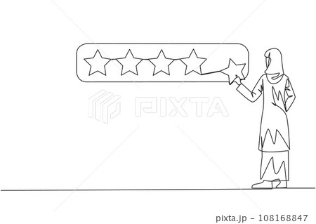 Single one line drawing Arabian woman standing holding 1 star and want to make it 5 star array. Satisfied customers and give perfect rating. Star rating. Continuous line design graphic illustration 108168847