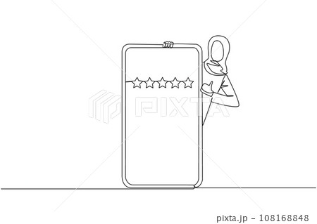 Single continuous line drawing Arabian woman stands behind giant smartphone, but head and body appear and hands give thumbs up gesture. Online shop concept. Review 5 star. One line vector illustration 108168848