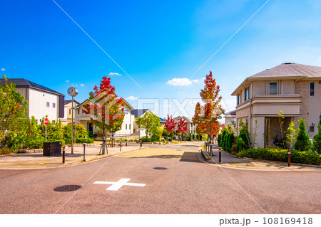 電柱のない街と紅葉した街路樹 108169418